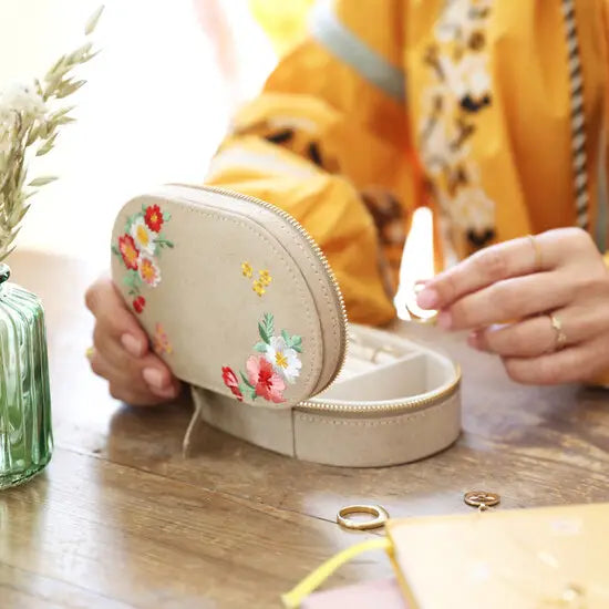 Oval Velvet Embroidered Flowers Jewelry Case