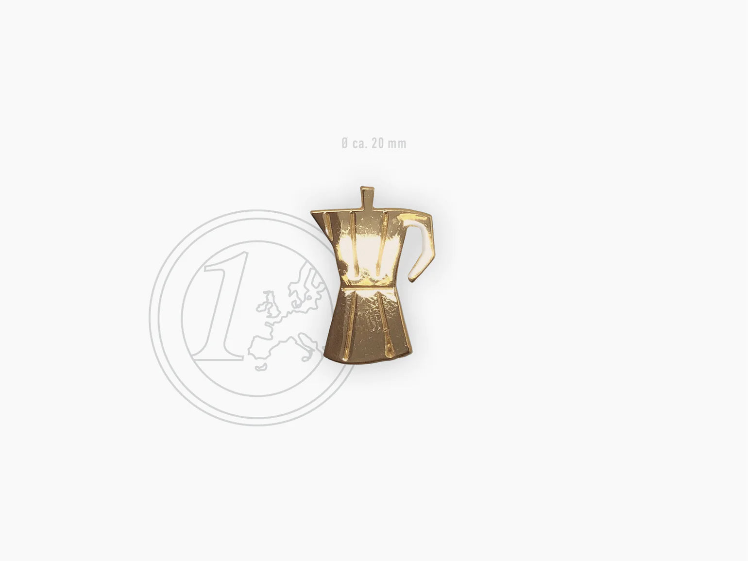 gold plated handmade coffee pot pin by Typealive, size comparison with euro coin