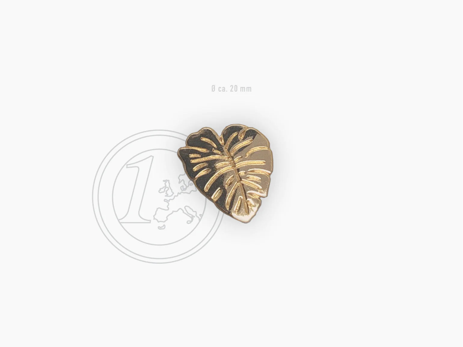 gold plated handmade plant leaf pin by Typealive, size comparison with euro coin