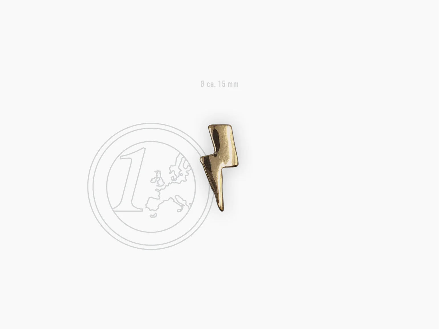gold plated handmade lightning bolt pin by Typealive, size comparison with euro coin