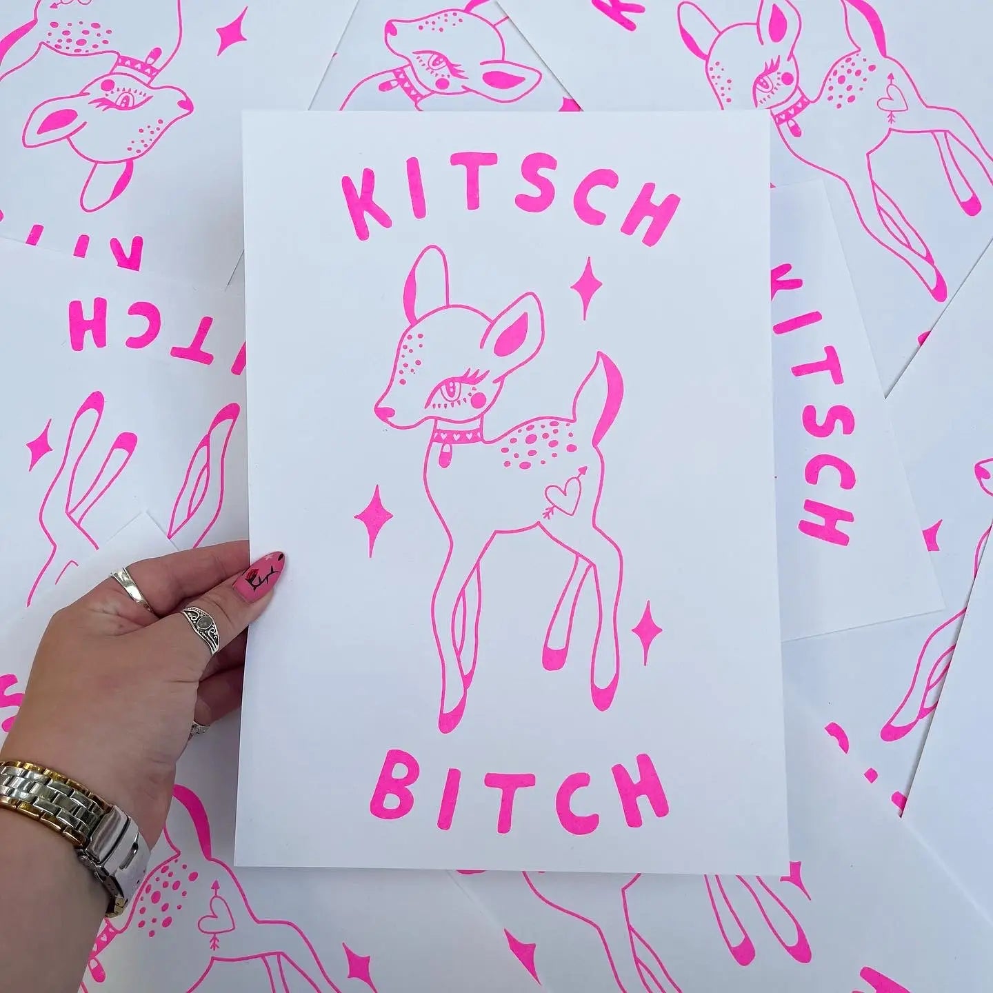 handmade print of Kitsch Bitch by Amy Hastings, cute deer in neon pink