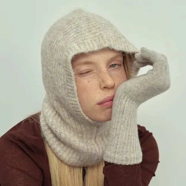 alpaca blend knitted hoodie on model