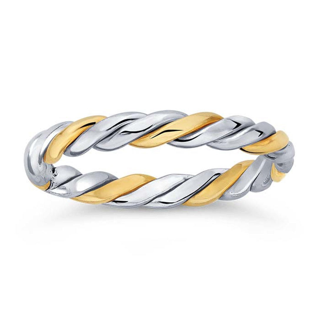 front view of double twisted stacker ring, combines a twisted pattern of gold filled and silver in one stacker ring