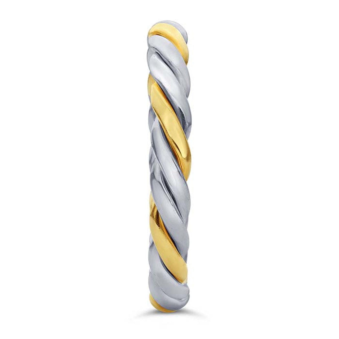 side view of double twisted stacker ring, combines a twisted pattern of gold filled and silver in one stacker ring