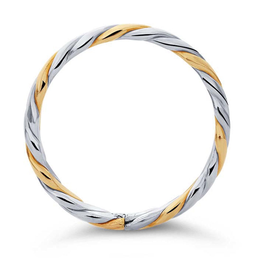 top view of double twisted stacker ring, combines a twisted pattern of gold filled and silver in one stacker ring