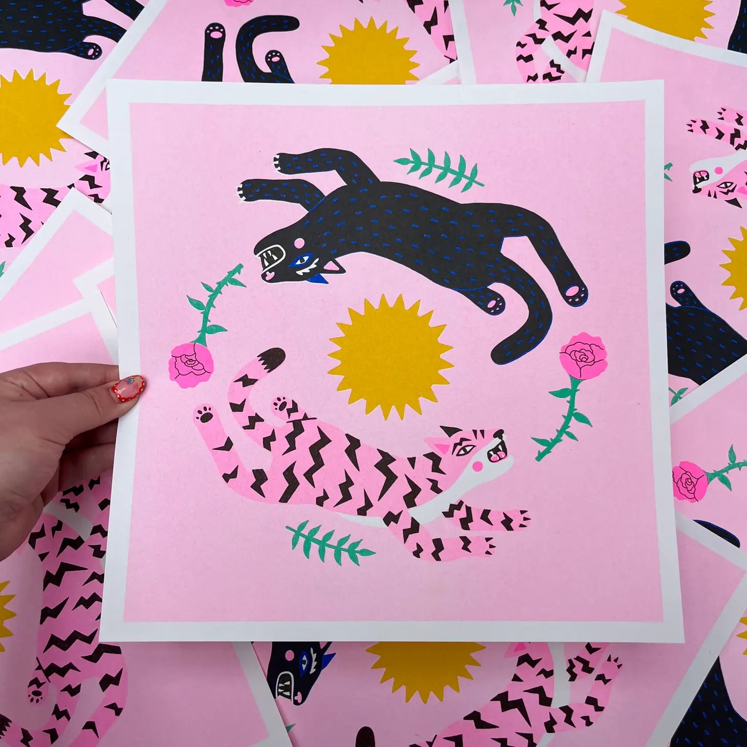 handmade square print leaping cats by Amy Hastings, neon cats black and pink, leaping in a circle