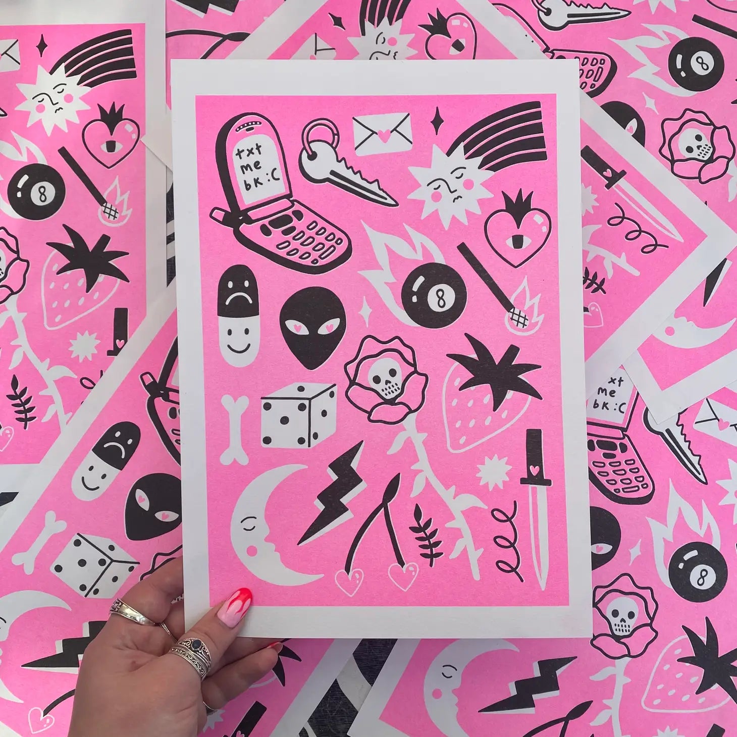 print text me back by Amy Hastings, neon pink and balck tattoo sheet